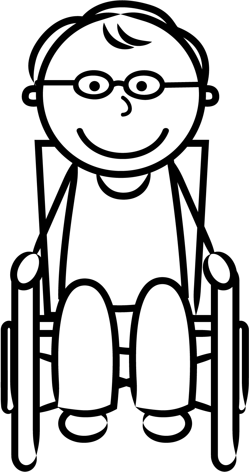 Line drawing of a man in a wheelchair wearing glasses
