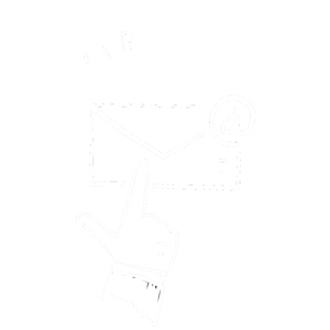 White line drawing of a hand pointing at an envelope with the @ sign in the top right corner